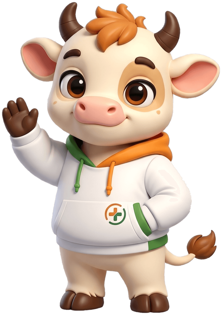 Swasti, the Swastho mascot: a cheerful calf in a Swastho hoodie, waving